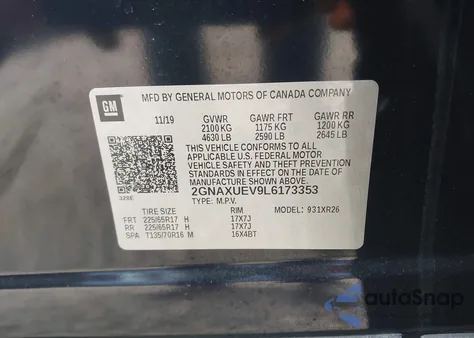 2020 Chevrolet Equinox Awd Lt 1.5L Turbo z USA, uszkodzony, nr VIN 2GNAXUEV9L6173353